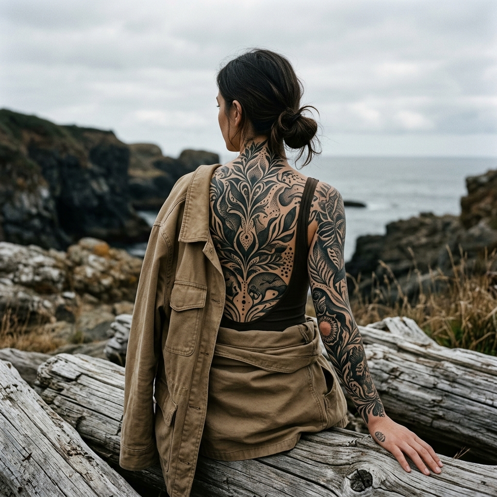 Amazink Couture Tattoo - Masterful Blackwork back tattoo detailing