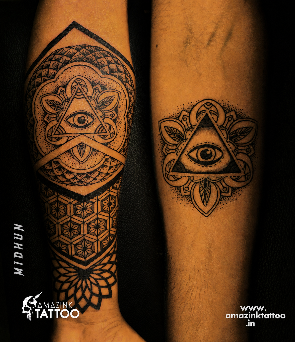 Intricate matching sacred geometry mandalas with the Eye of Providence forearm tattoos, custom styled by Midhun and Akhil Saju at Amazing Tattoo in Calicut.